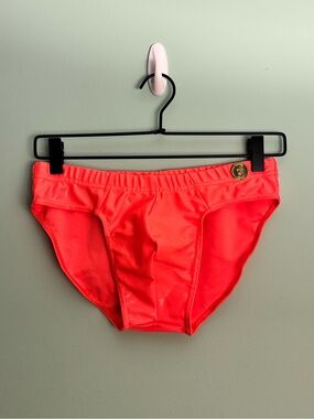 Men’s Slick It Up Neon Tangerine Satin Finish Swimsuit - Size Medium (31-33)